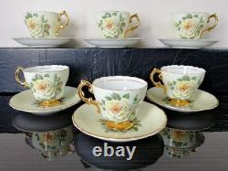 6 Regency cabbage rose heavily gold gilded 1930s tea cups & saucers
