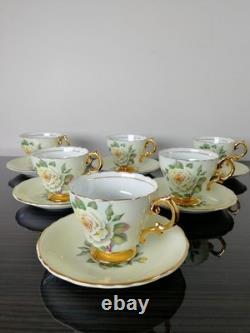 6 Regency cabbage rose heavily gold gilded 1930s tea cups & saucers