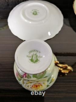 6 Regency cabbage rose heavily gold gilded 1930s tea cups & saucers