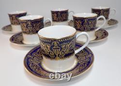 6 Royal Worcester Sandringham Cobalt Blue Gilded Coffee Cups & Saucers 1980s