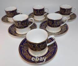 6 Royal Worcester Sandringham Cobalt Blue Gilded Coffee Cups & Saucers 1980s