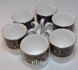 6 Royal Worcester Sandringham Cobalt Blue Gilded Coffee Cups & Saucers 1980s