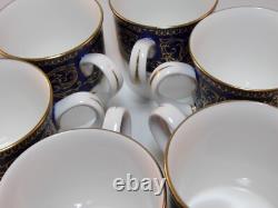 6 Royal Worcester Sandringham Cobalt Blue Gilded Coffee Cups & Saucers 1980s