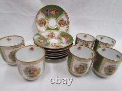6 Sets Carl Schumann Dresden Style Watteau Flowers Green /Gold Demi-cups Saucers