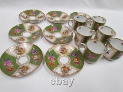 6 Sets Carl Schumann Dresden Style Watteau Flowers Green /Gold Demi-cups Saucers