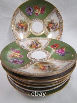 6 Sets Carl Schumann Dresden Style Watteau Flowers Green /Gold Demi-cups Saucers