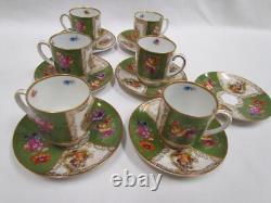 6 Sets Carl Schumann Dresden Style Watteau Flowers Green /Gold Demi-cups Saucers