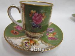 6 Sets Carl Schumann Dresden Style Watteau Flowers Green /Gold Demi-cups Saucers