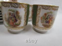 6 Sets Carl Schumann Dresden Style Watteau Flowers Green /Gold Demi-cups Saucers