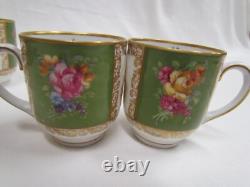 6 Sets Carl Schumann Dresden Style Watteau Flowers Green /Gold Demi-cups Saucers