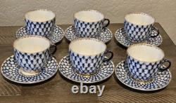 6 Sets Cobalt Net By Lomonosov Russia Ussr Blue & Gold Flat Cups & Saucers