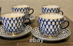 6 Sets Cobalt Net By Lomonosov Russia Ussr Blue & Gold Flat Cups & Saucers