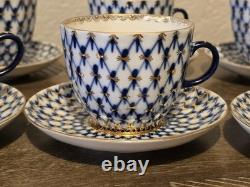 6 Sets Cobalt Net By Lomonosov Russia Ussr Blue & Gold Flat Cups & Saucers