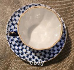 6 Sets Cobalt Net By Lomonosov Russia Ussr Blue & Gold Flat Cups & Saucers