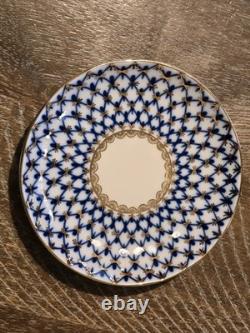 6 Sets Cobalt Net By Lomonosov Russia Ussr Blue & Gold Flat Cups & Saucers