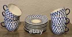 6 Sets Cobalt Net By Lomonosov Russia Ussr Blue & Gold Flat Cups & Saucers