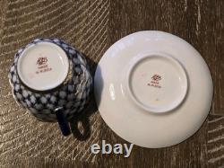 6 Sets Cobalt Net By Lomonosov Russia Ussr Blue & Gold Flat Cups & Saucers
