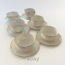 6 Sets HAVILAND LIMOGES RANSON TEA/Coffee CUPS SAUCERS WHITE with GOLD SCALLOPED
