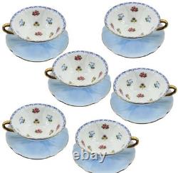 6 Sets Of Shelley Blue Oleander Wild Flowers Footed Tea Cups Saucers Gold Trim