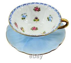 6 Sets Of Shelley Blue Oleander Wild Flowers Footed Tea Cups Saucers Gold Trim