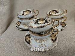 6 Sets Vintage Tea Cups & Saucers Royal Sealy China Iridescent White Black Gold