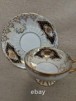 6 Sets Vintage Tea Cups & Saucers Royal Sealy China Iridescent White Black Gold