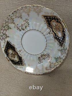 6 Sets Vintage Tea Cups & Saucers Royal Sealy China Iridescent White Black Gold