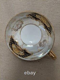 6 Sets Vintage Tea Cups & Saucers Royal Sealy China Iridescent White Black Gold