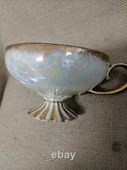6 Sets Vintage Tea Cups & Saucers Royal Sealy China Iridescent White Black Gold