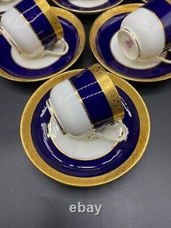 6 Sets of Minton for Tiffany demitasse cups and saucers in cobalt blue and gold