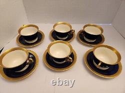 6 Syracuse Queen Anne Old Ivory Cobalt Blue & Gold Cups & Saucers FOOTED MINT