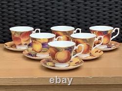 6 x Duchess China Golden Fruits Orchard Gold Still Life Footed TeaCups & Saucers