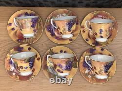 6 x Duchess China Golden Fruits Orchard Gold Still Life Footed TeaCups & Saucers