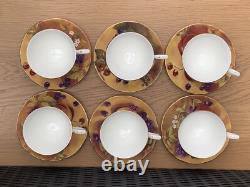 6 x Duchess China Golden Fruits Orchard Gold Still Life Footed TeaCups & Saucers