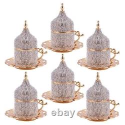 6pc Gold Crystal Turkish Greek Arabic Coffee Espresso Set Lidded Cups & Saucers