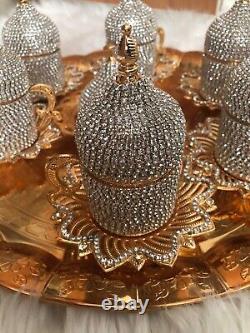 6pc Gold Crystal Turkish Greek Arabic Coffee Espresso Set Lidded Cups & Saucers