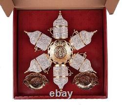 6pc Gold Crystal Turkish Greek Arabic Coffee Espresso Set Lidded Cups & Saucers