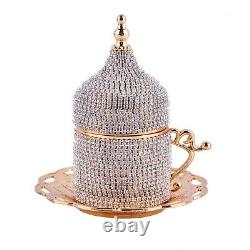 6pc Gold Crystal Turkish Greek Arabic Coffee Espresso Set Lidded Cups & Saucers