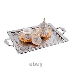 6pc Gold Crystal Turkish Greek Arabic Coffee Espresso Set Lidded Cups & Saucers