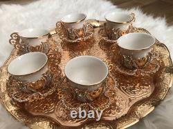 6pc Gold Crystal Turkish Greek Arabic Coffee Espresso cups & Saucers