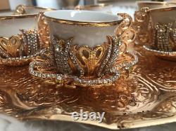 6pc Gold Crystal Turkish Greek Arabic Coffee Espresso cups & Saucers