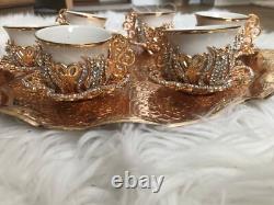 6pc Gold Crystal Turkish Greek Arabic Coffee Espresso cups & Saucers