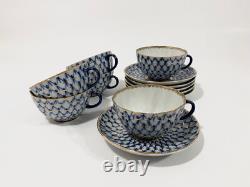 6x Lomonosov Cobalt Net USSR Tea Cups & Saucers