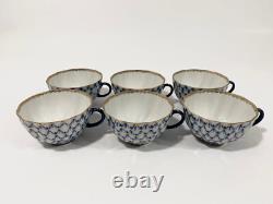 6x Lomonosov Cobalt Net USSR Tea Cups & Saucers