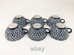 6x Lomonosov Cobalt Net USSR Tea Cups & Saucers