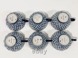 6x Lomonosov Cobalt Net USSR Tea Cups & Saucers