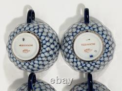 6x Lomonosov Cobalt Net USSR Tea Cups & Saucers