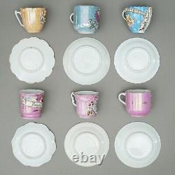 6x Souvenir Cup + Saucer Gold Pink Blue Green Antique Around 1900 V. MIN