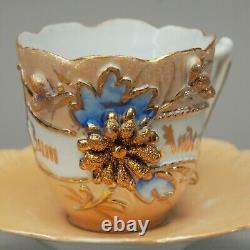 6x Souvenir Cup + Saucer Gold Pink Blue Green Antique Around 1900 V. MIN