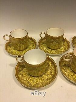 7 Antique Royal Worcester Demitasse CUP & SAUCER SETS Gold Yellow Black 1880s